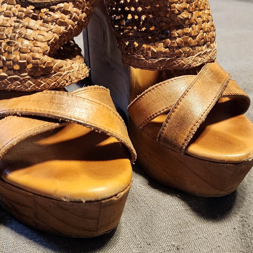 Bed Stu Tan Woven Leather Platform Wedge Sandals - Picture 3 of 6